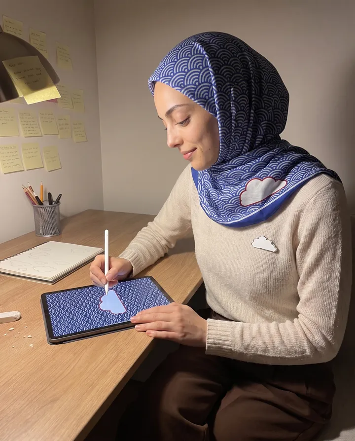 Zilayelle, in an indigo wave-print hijab, draws a white cloud on a tablet at a lamp-lit desk